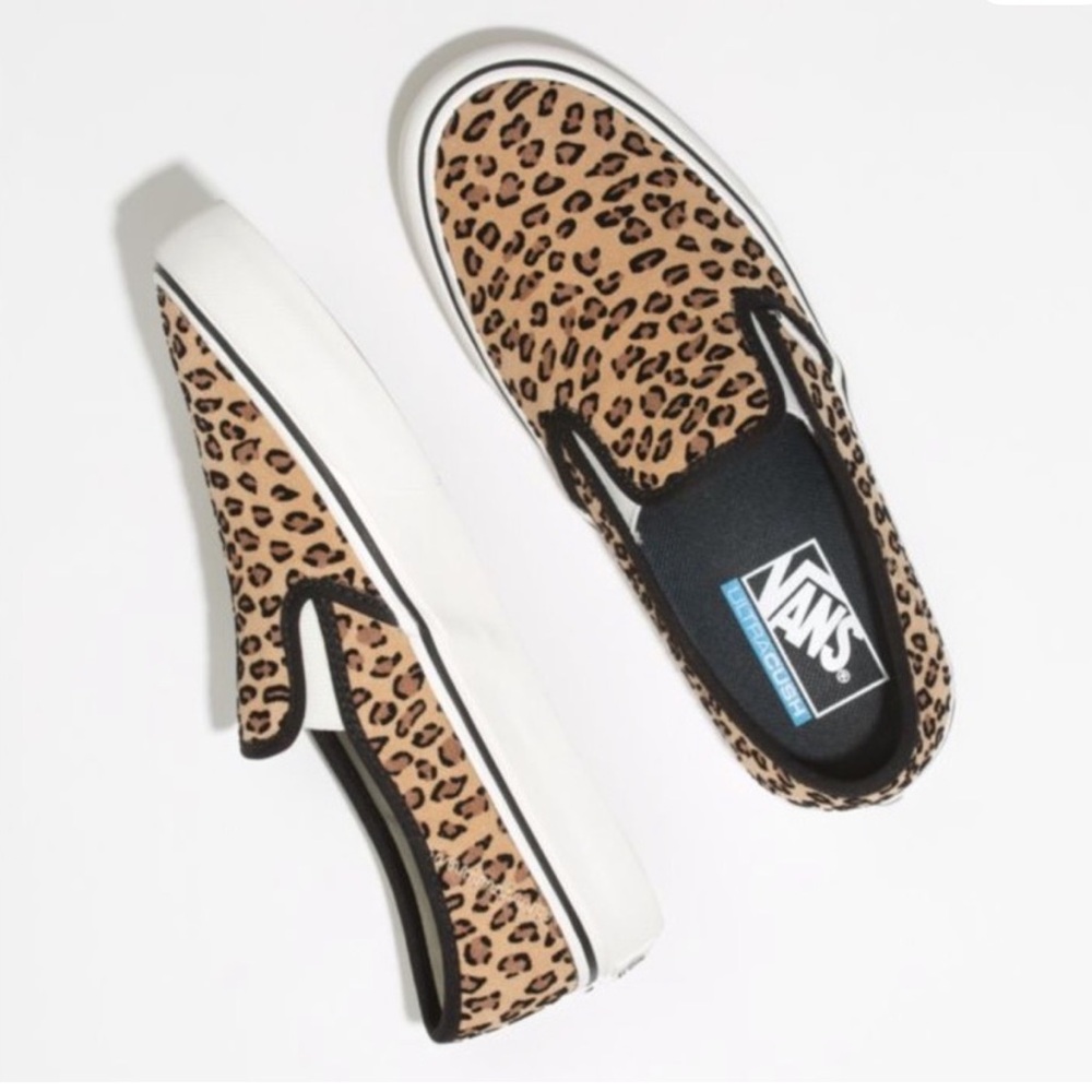 Vans Tan and Black Leopard Slip-On Sneakers